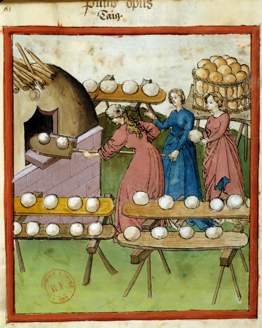 Helsemanual: baking av brød. Miniatyr av manuskriptet "Tacuinum Sanitatis", Lombardia, 3. kvartal av 1300-tallet. Paris, B N av Italian School