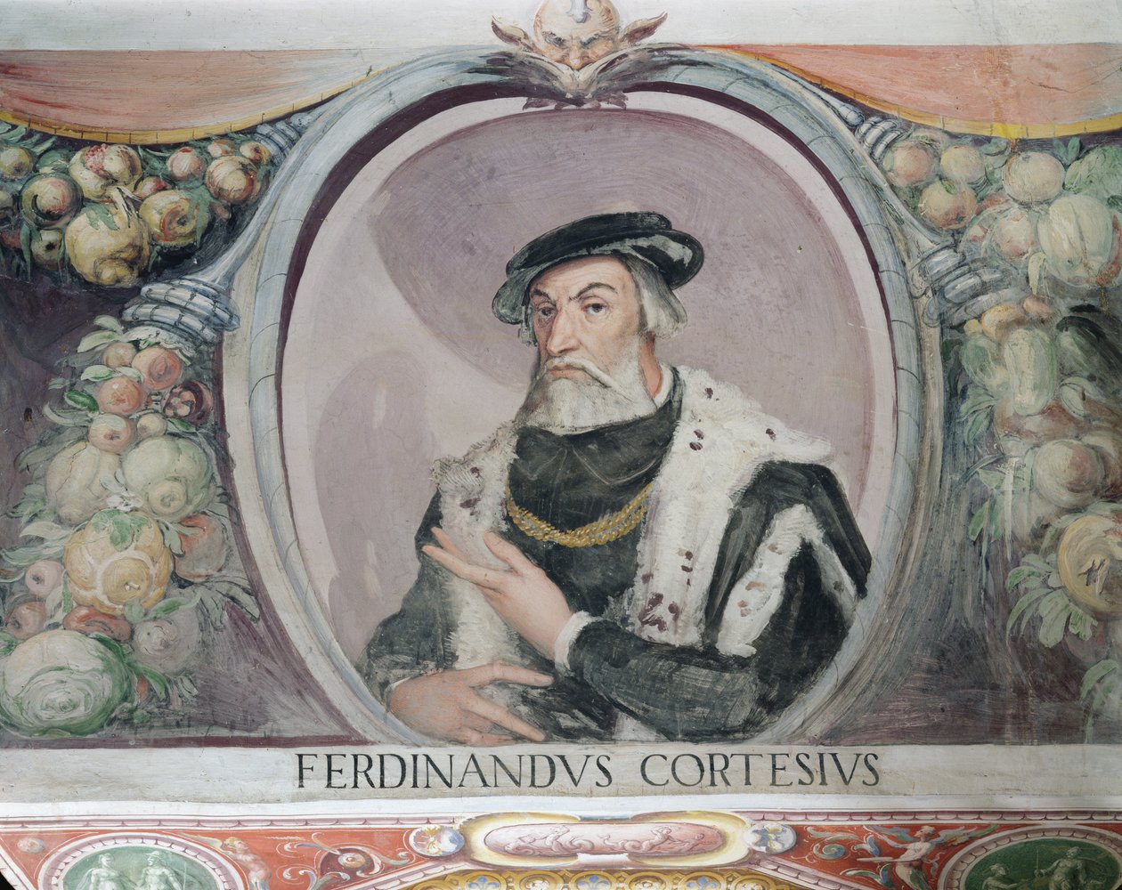 Hernan Cortés, i Sala del Mappamondo av Italian School