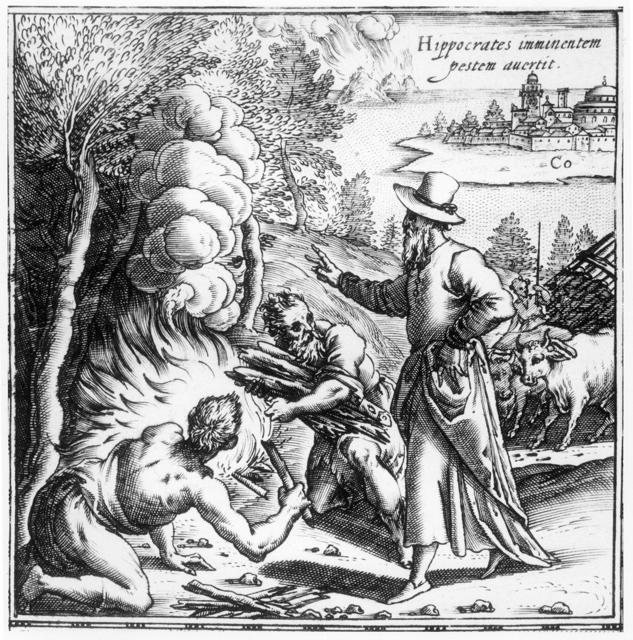 Hippokrates (ca. 460-c.377 f.Kr.) som forklarer viktigheten av smitte i pestepidemien, tittelside fra Hippocratis Opera Quae Extant, pub. i Venezia, 1588 av Italian School