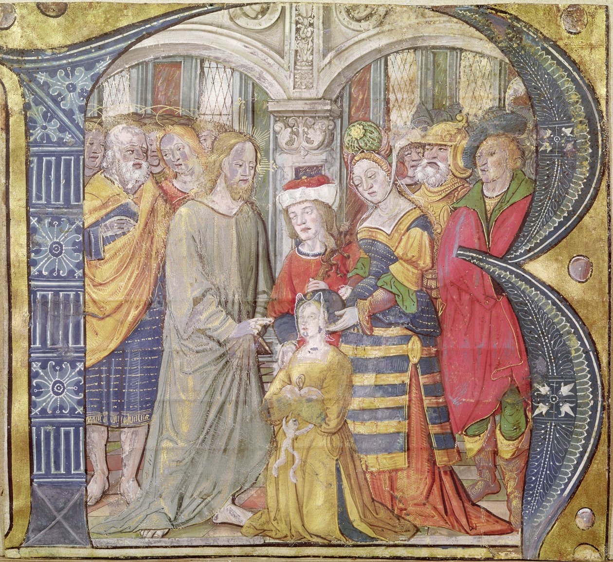 Historikert initial B som viser Kristus som helbreder en besatt kvinne av Italian School