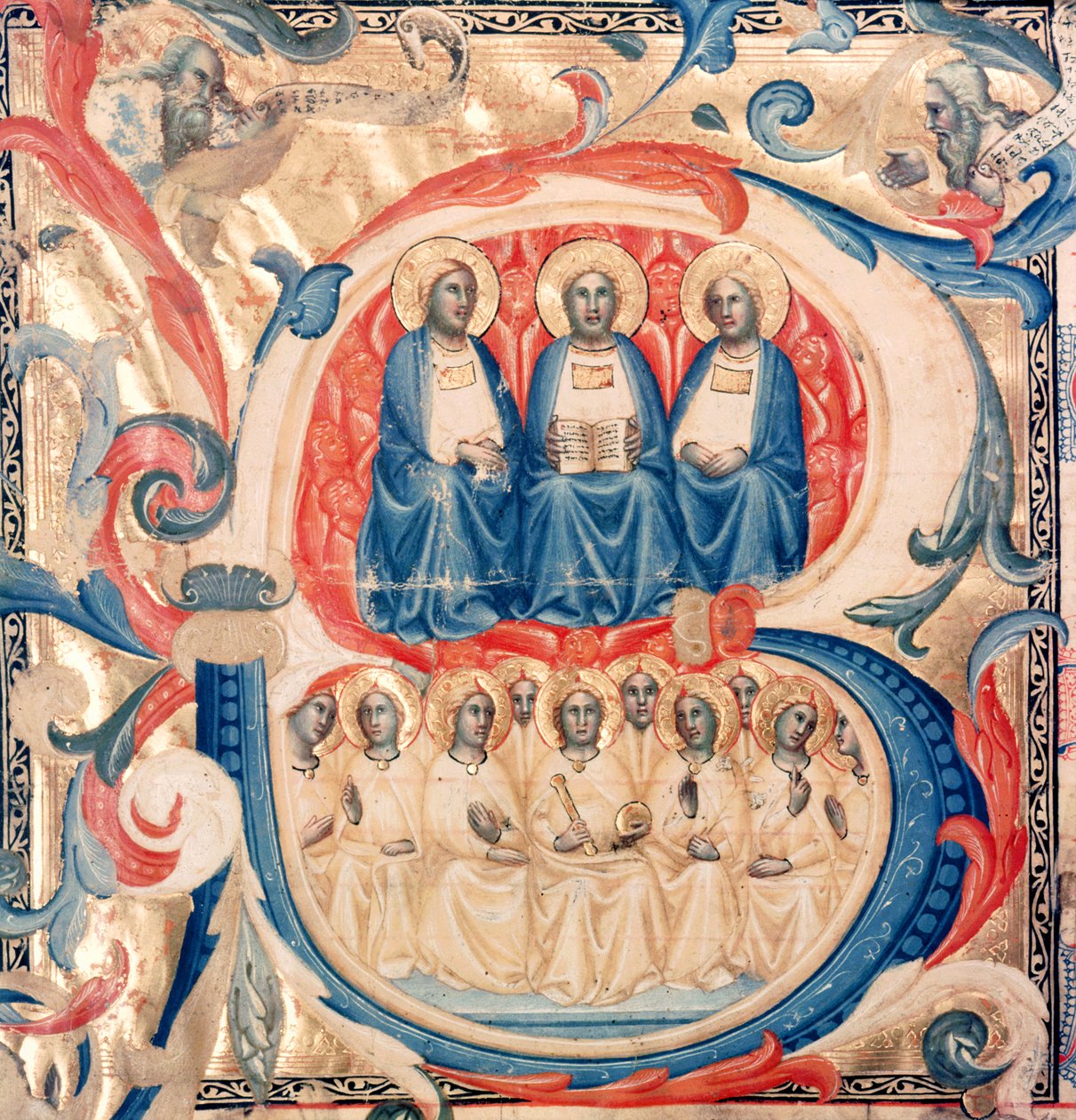 Historikert initial B som viser treenigheten og Kristus omgitt av engler, Bolognese School, ca. 1340-50 av Italian School