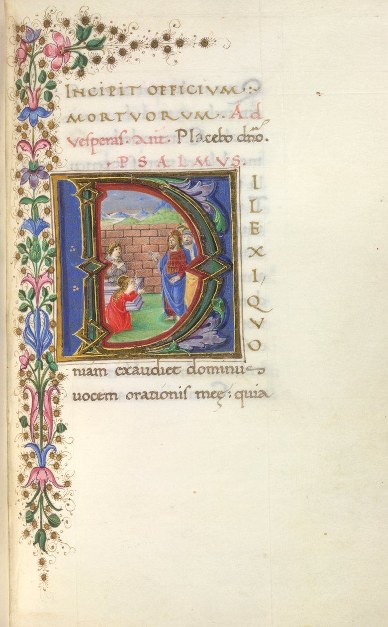 Historikert innledende 'D'(ilexi) av Kristus som oppreiste Lasarus fra de døde, og delvis grense, i begynnelsen av De dødes kontor av Italian School