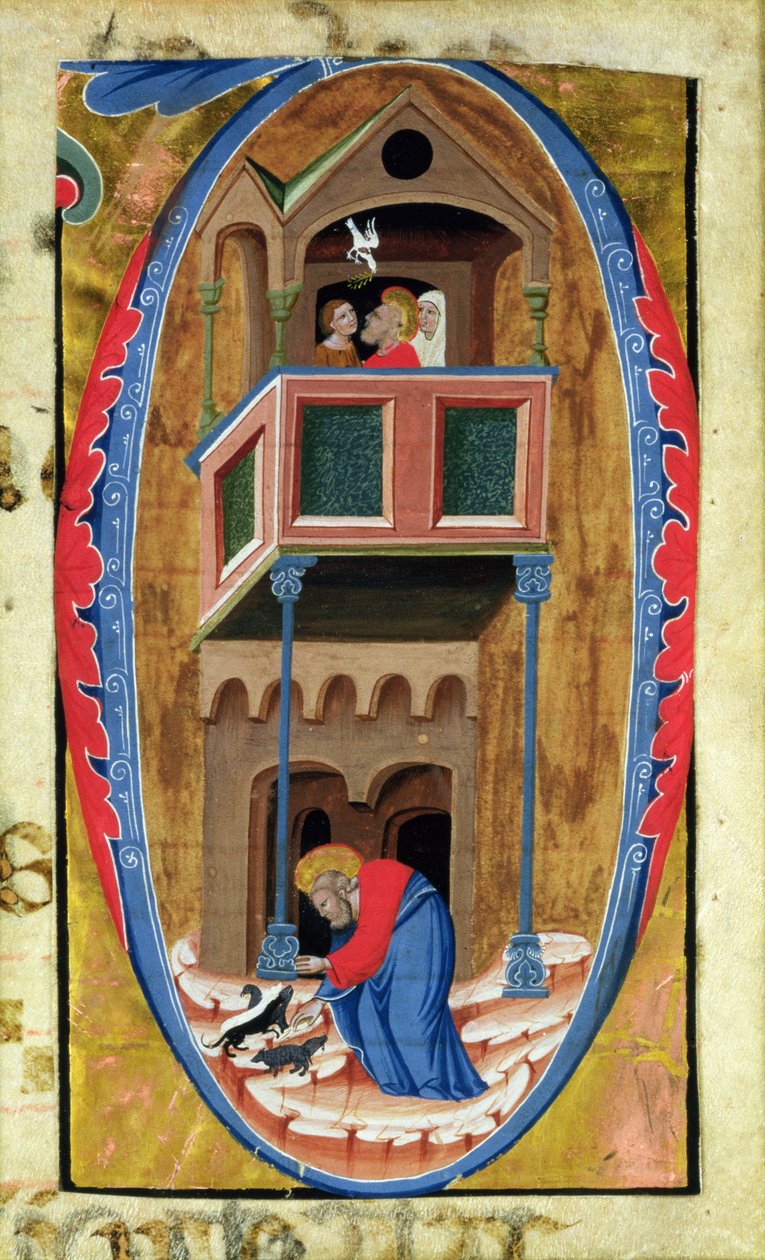 Historikert initial D som viser scener fra Legend of a Saint, sent på 1300-tallet, av Italian School