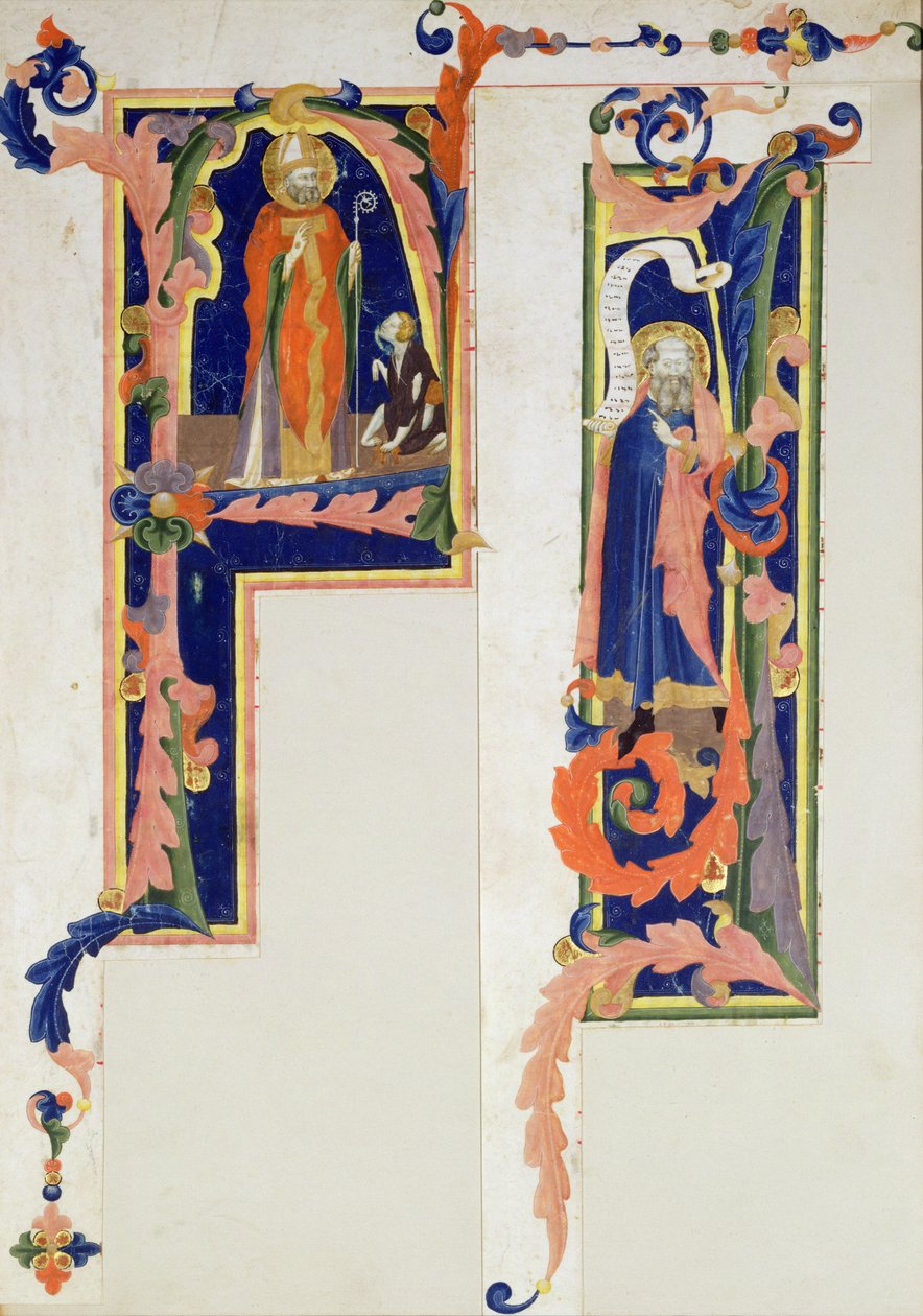 Historikert initial F som viser en biskopshelgen som velsigner en ung krøpling og jeg som viser en profet, den florentinske skolen av Italian School