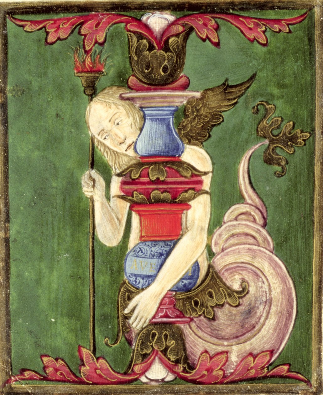 Historikert initial 'jeg' som viser en bevinget havfrue (vellum) av Italian School
