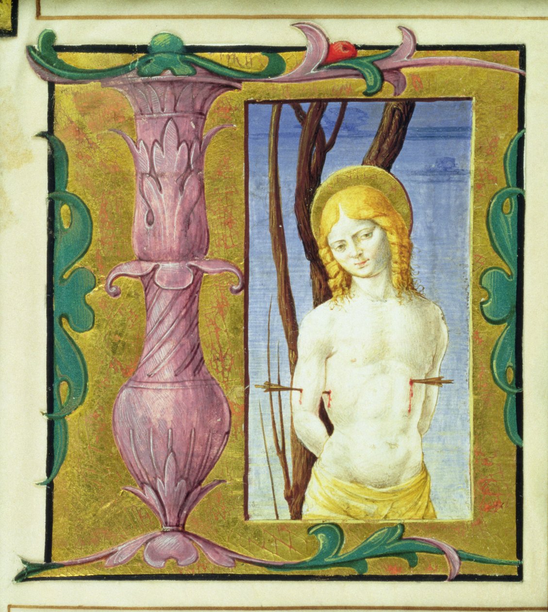 Historikert initial L som viser St. Sebastian av Italian School