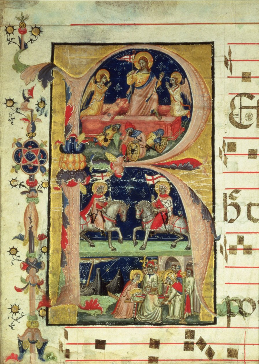 Historikert initial R som viser oppstandelsen, to ridderhelgener og en biskopshelgen som mottar relikvier av Italian School