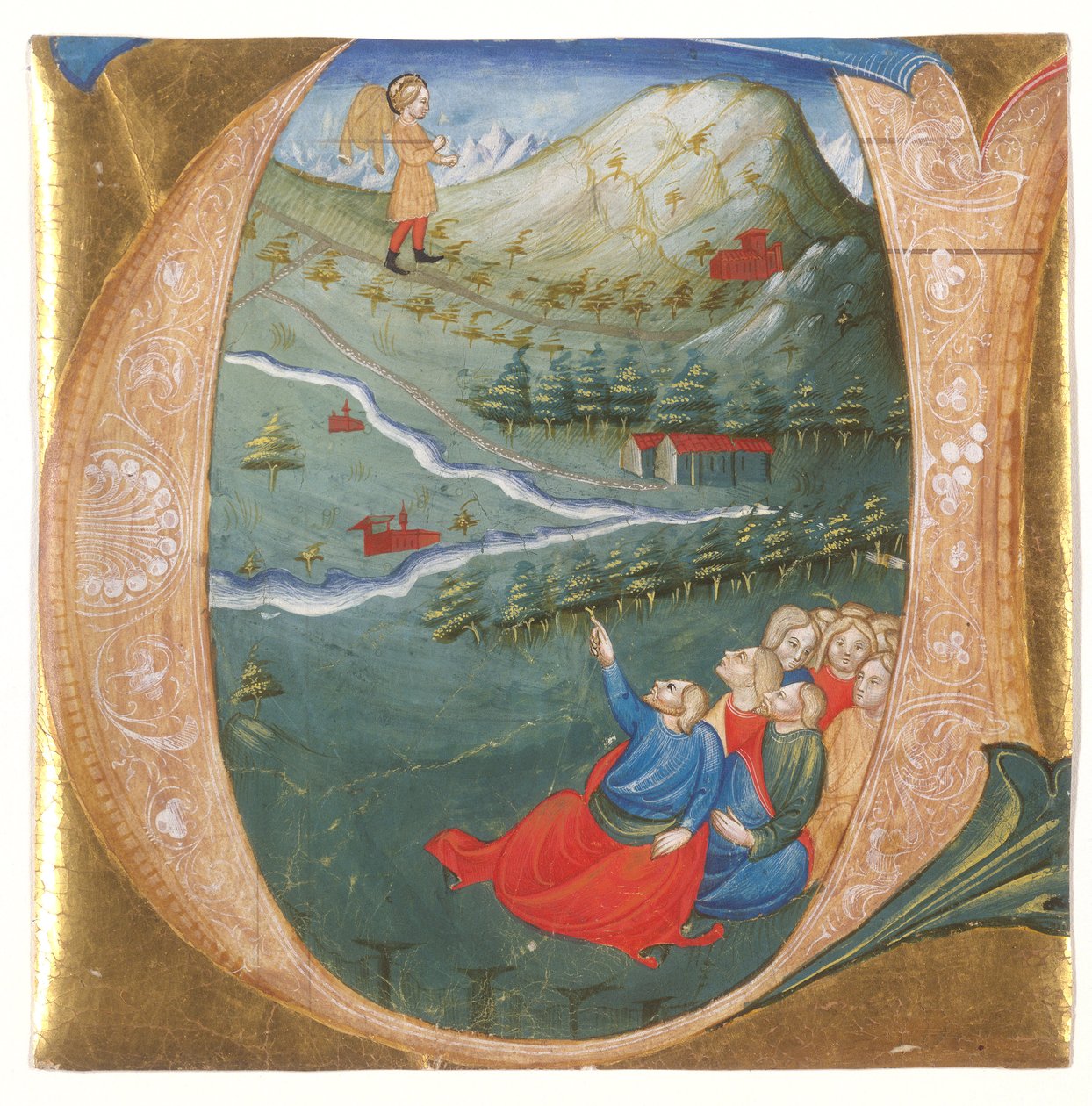 Historiated initial depicting Elisha in the Mantle of Elijah, cutting from an antiphonary, c.1440 (tempera & gold leaf on parchment)   1410184   no       norwegian Successfully Translated  Original: Weibliche Studie zum "Einzug nach dem Pariser Frieden" Tr av Italian School