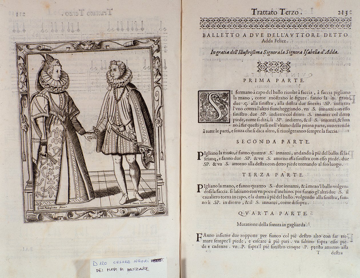 Hvordan danse en ballett for to Dobbeltside av Le Gratie dAmore (Le Grazie dAmore) av den italienske danseren Cesare Negri kalt Il Trombone (1536-1604), traktat om dans av Italian School