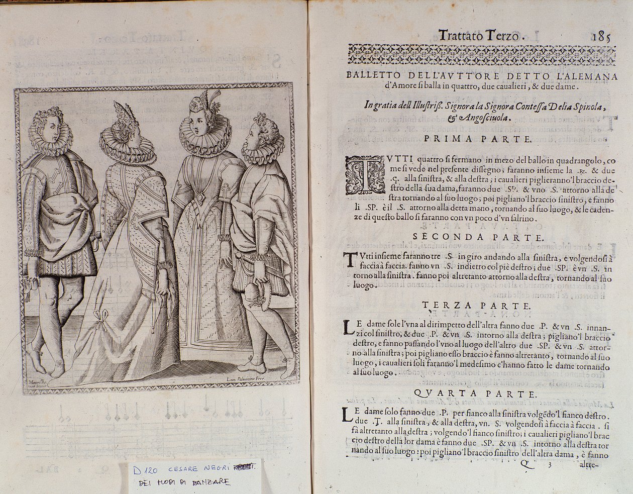Hvordan danse Alemanna Dobbeltside av Le Gratie dAmore (Le Grazie dAmore) av den italienske danseren Cesare Negri kalt Il Trombone (1536-1604), traktat om dans av Italian School