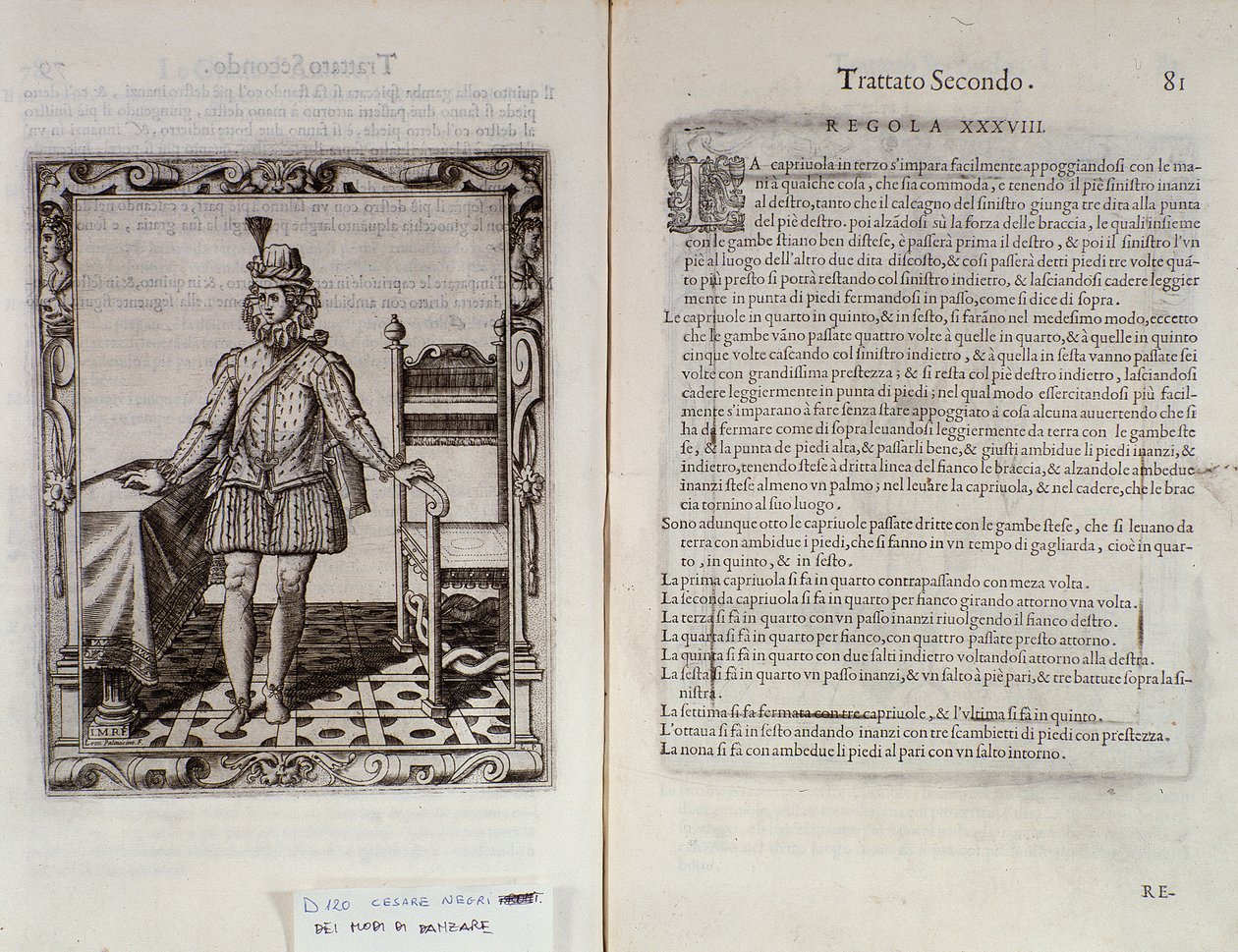 Hvordan danse capriola Dobbeltside av Le Gratie dAmore (Le Grazie dAmore) av den italienske danseren Cesare Negri kalt Il Trombone (1536-1604), traktat om dans av Italian School
