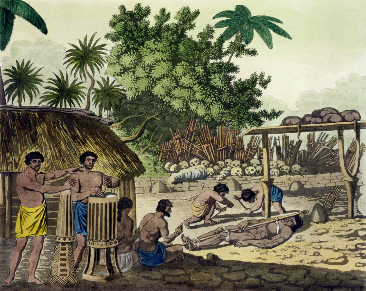 Human Sacrifice at Otaheite, plate 84 fra Le Costume Ancien et Moderne, av Jules Ferrario, utgitt ca. 1820-30-tallet (se også 10204) av Italian School