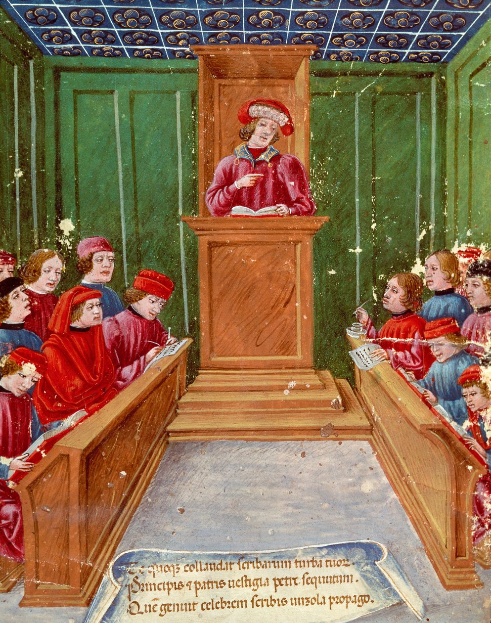 Humanisme:"" Undervisning i notarialrett ved universitetet i Bologna"" Miniatyr fra et manuskript fra 1400-tallet Museo Civico, Bologna av Italian School