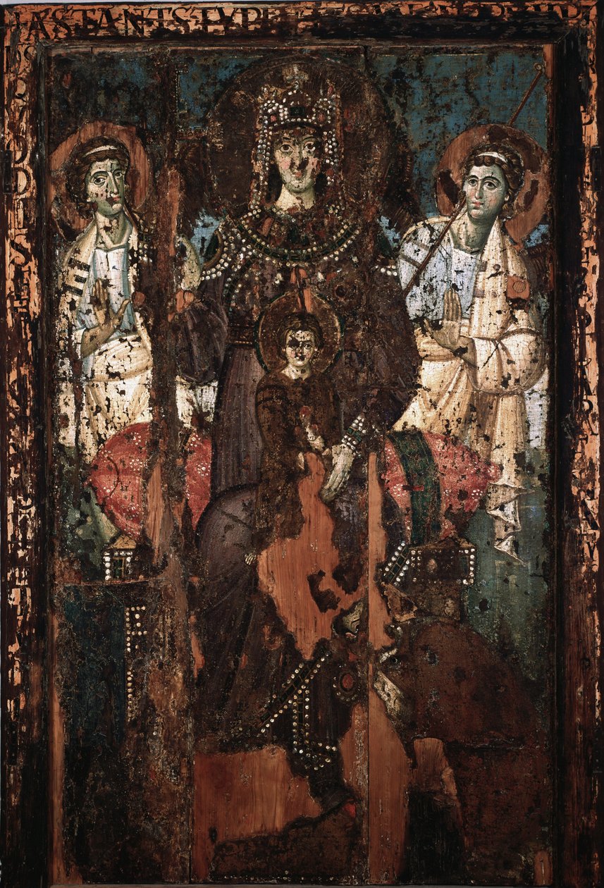 Ikon for jomfruen av Clemence eller Madonna Theotokos Painting a l"encaustic et tempera 8. århundres kirke Saint Mary in Trastevere av Italian School