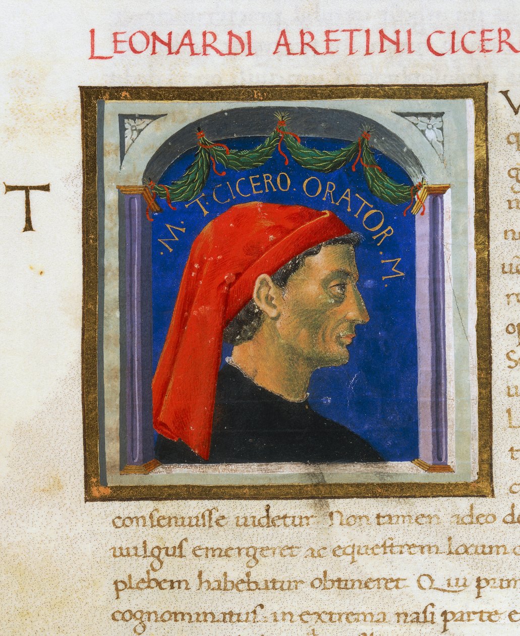 Opplyst side med profil av Cicero, bind I, venstre 1, f 303 r, Vitae virorum illustrium, av Plutarch (ca 46-127), manuskript, Italia av Italian School