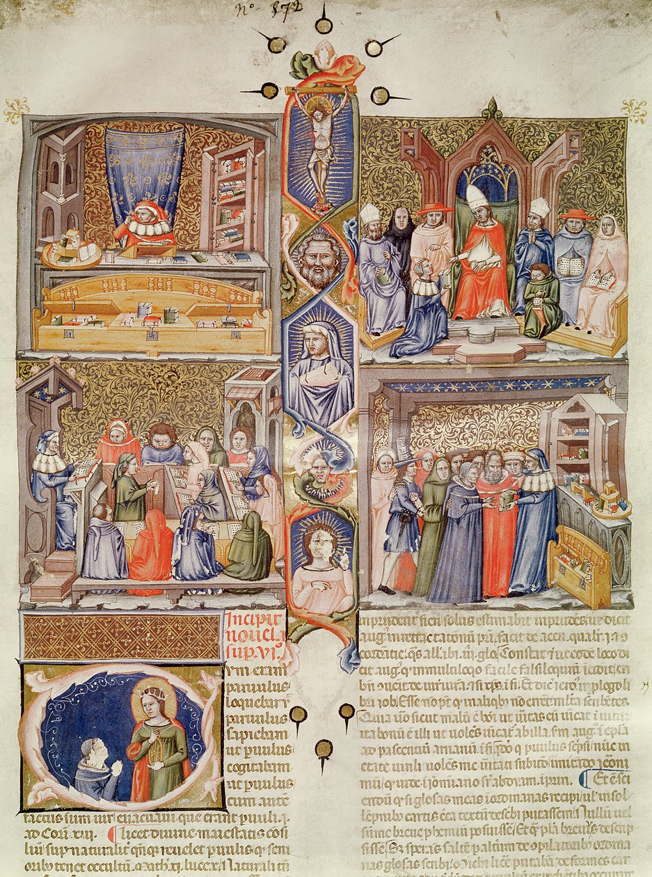 Belysning delt inn i fire scener: A Juristconsult at his table; En pave blir tilbudt en bok; En leksjon i en juridisk høyskole; En bokhandel, med en historisk hovedstad med St. Catherine og en Or av Italian School