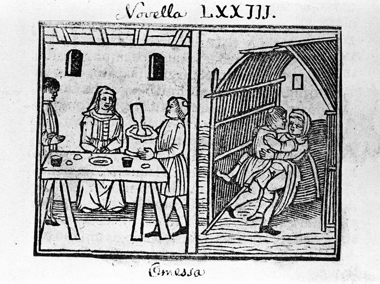 Illustrasjon for nyhetene 73 (Ny 3 av den åttende dagen) av "Decameron"" av Giovanni Boccaccio dit Jean Boccaccio (1313-1375), italiensk forfatter. Gravering i "" Decamerone ouer Cento nouelle"" Venezia, Bartolomeo de 