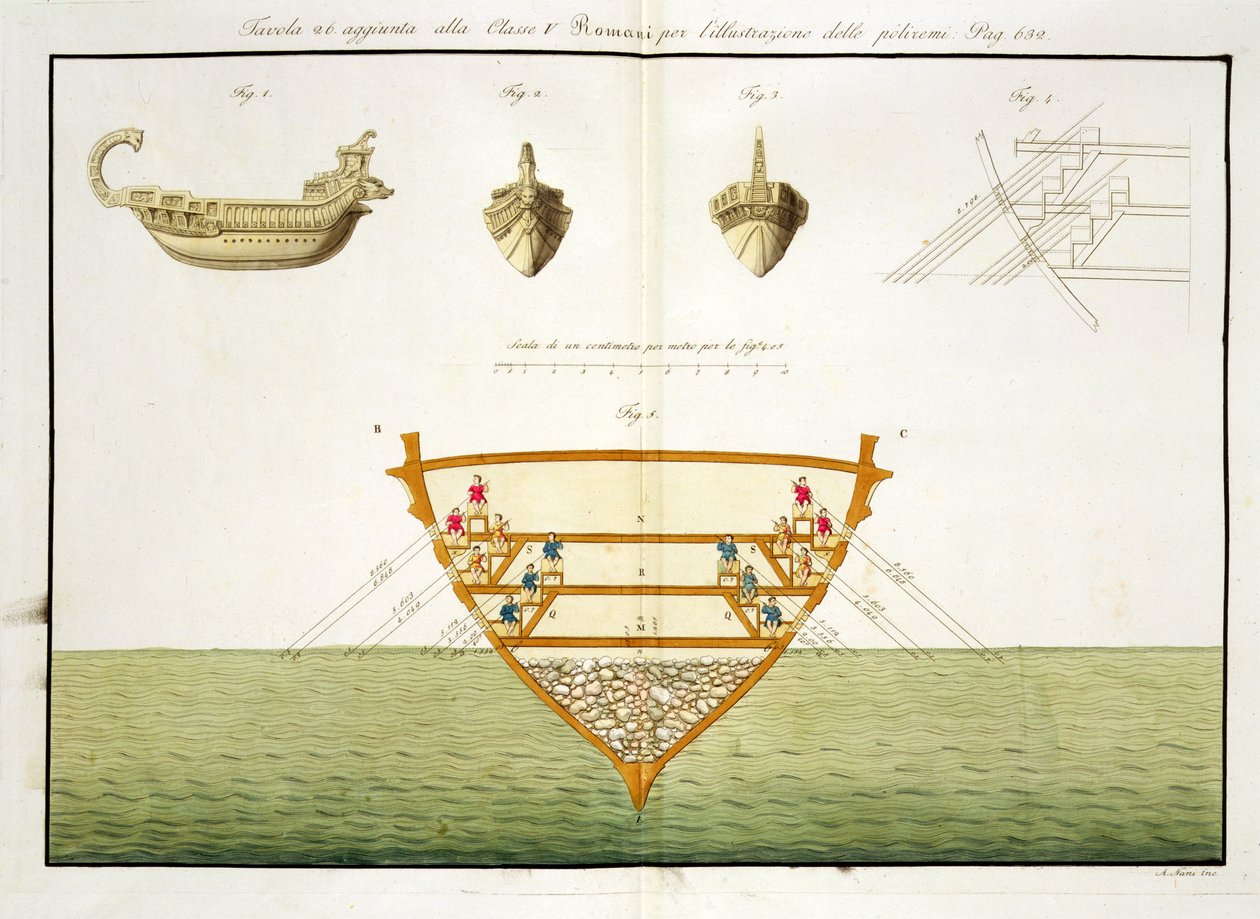 Illustrasjon av en romersk polyrem, plate 26, klasse 5 fra del I av The History of the Nations, gravert av A. Nani (akvatint) av Italian School