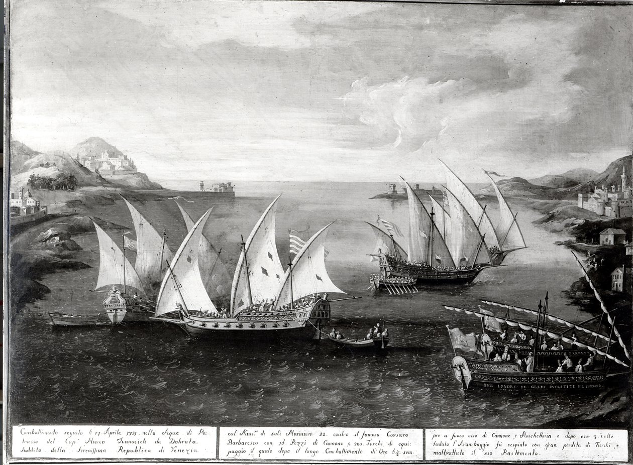 Hendelse utenfor Patras mellom den venetianske kapteinen Ivanovich da Dabrota og den tyrkiske piraten Barbarossa, 17. april 1751 av Italian School