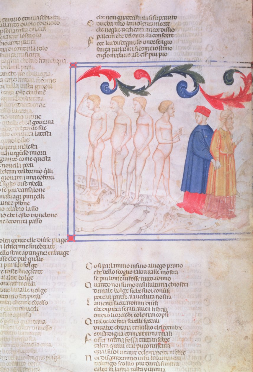 Inferno XXIX f.21r Geri del Bello in the Circle of the Falsifiers, fra The Divine Comedy av Dante Alighieri (1265-1321) av Italian School