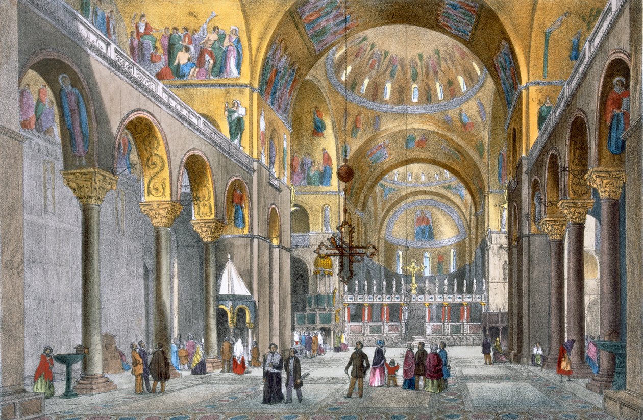 Interiør av San Marco-basilikaen, med utsikt mot kuppelen, fra Views of Venice av Cecchini, Pividor og Viola, ca. 1850 (håndfarget litho) av Italian School