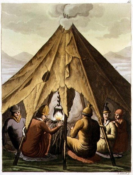 Interiør i en Laplander-hytte med en familie rundt bålet, plate 44 fra 
