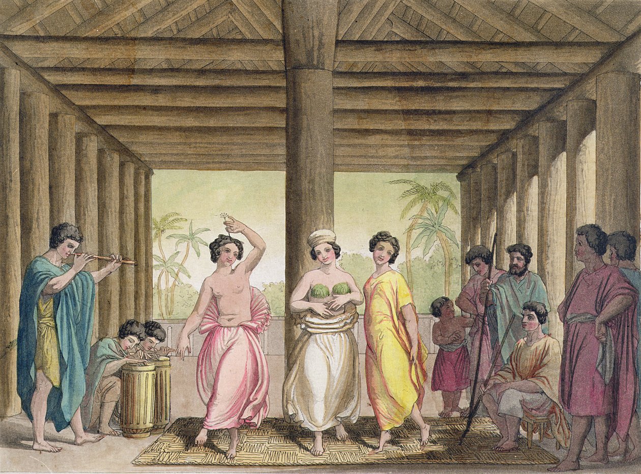 Interiør i et tahitisk hus med dansende jenter, illustrasjon fra en samling reisebøker tidlig på 1800-tallet av Italian School