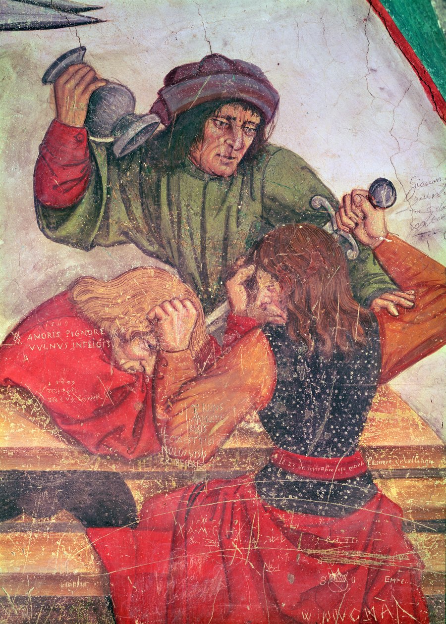 Interiør i et vertshus, detalj om drikkere som kjemper (fresco) av Italian School