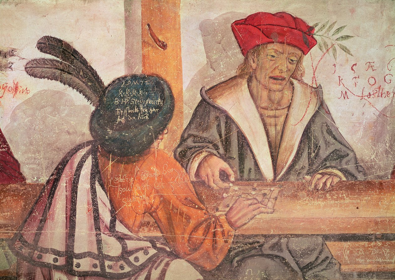 Interiør i et vertshus, detalj av to menn som spiller et brettspill (fresco) av Italian School