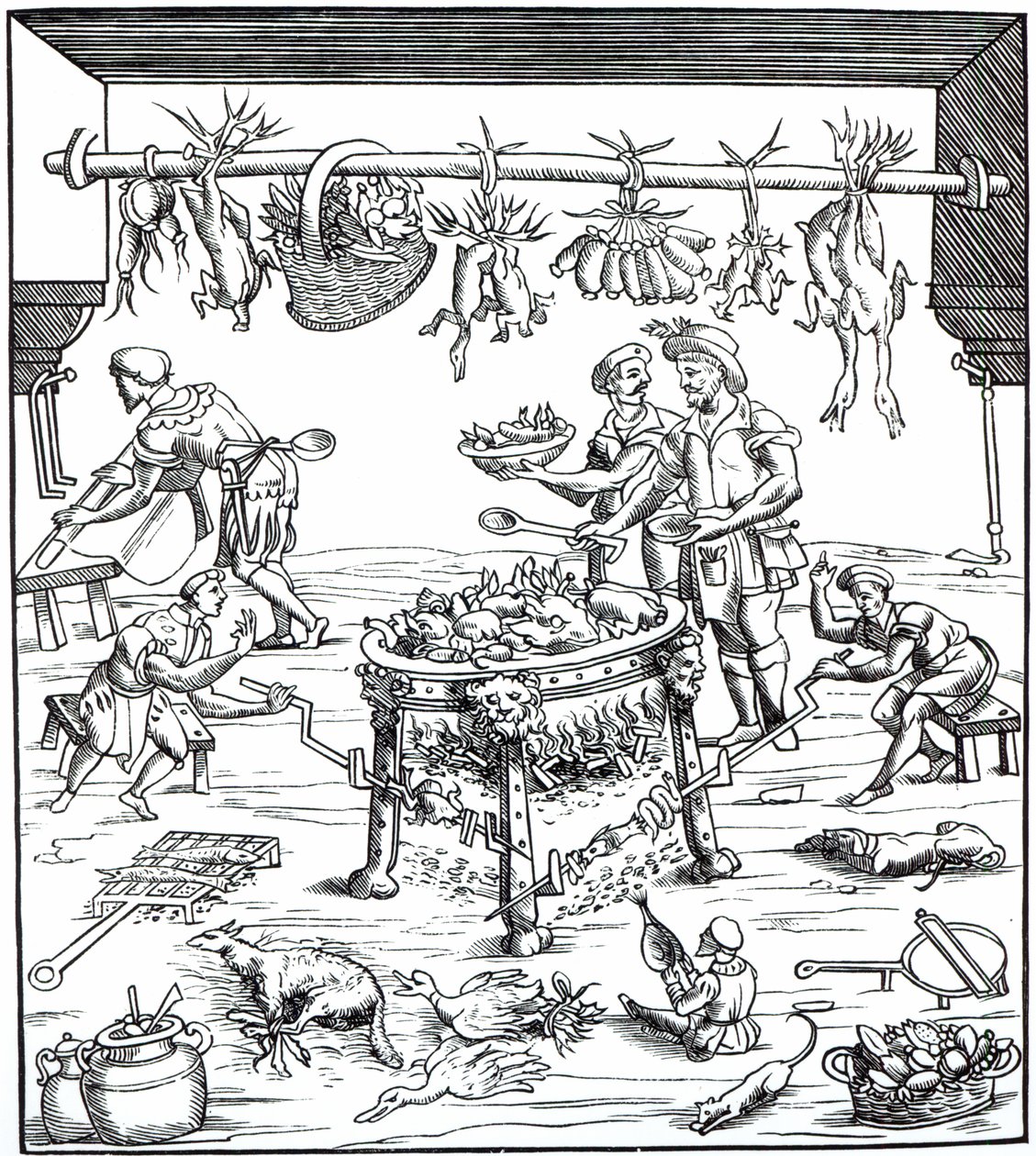 Interiør i et italiensk kjøkken, etter tresnitt i Banchetti composidi di Vivende av Christoforo di Messisburgo, utgitt 1549 av Italian School