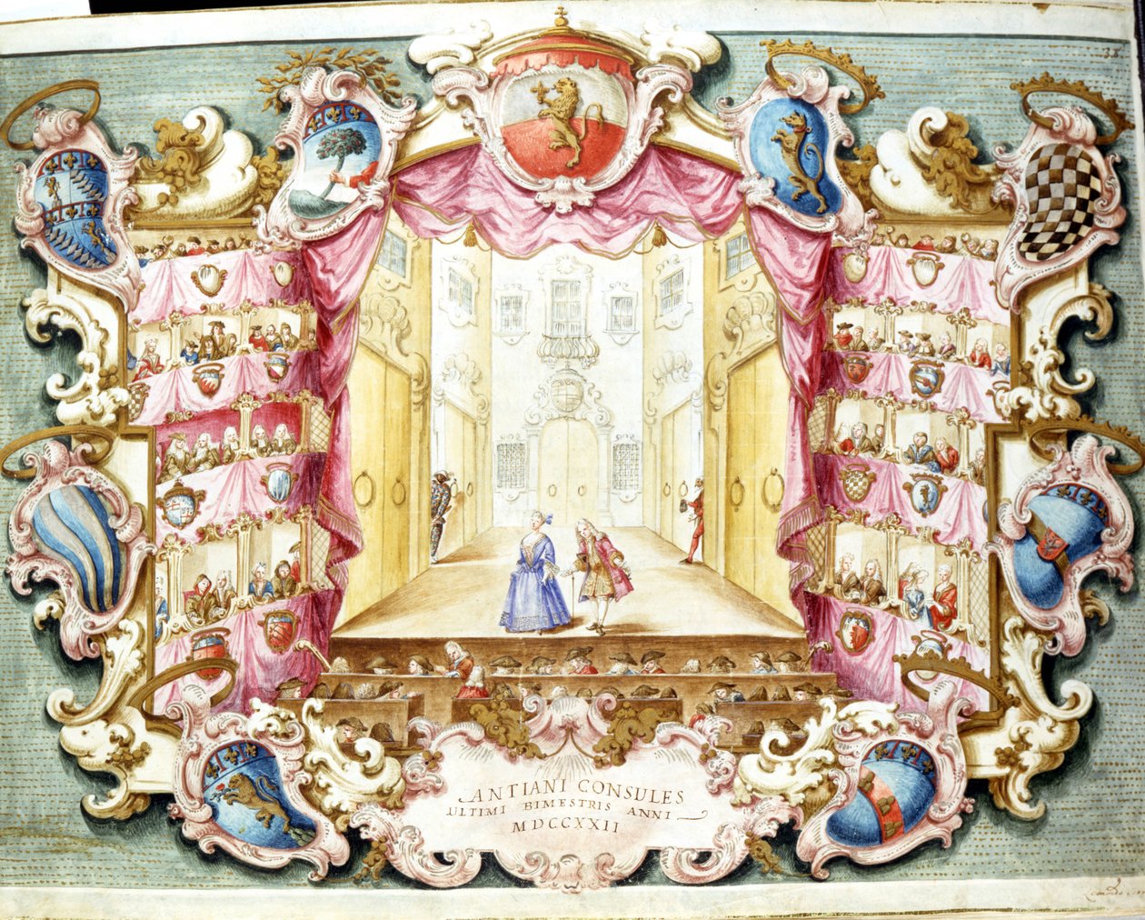 Interiør av Theatre de la Sala i Bologna i 1722. Trykk av perioden. Statsarkivet, Bologna. av Italian School