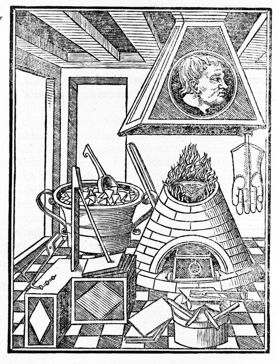 Innvendig visning av et metallurgiverksted Gravering fra "Voarchadumia contra alchimiam ars distincta ab archimia et sophia.." av Giovanni Agostino Pantheo (1517-1535) av Italian School