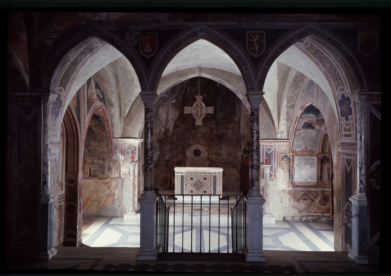 Innvendig visning av presbyteriet og alteret, st benedict hule (sacro speco) Subiaco av Italian School