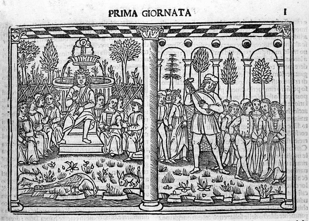 Introduksjon: representasjon av forfatteren av Decameron omgir ti unge mennesker. Illustrasjon av den første dagen av Decameron (1349-1351) av Giovanni Boccaccio eller Jean Boccace (1313-1375), gravering i "" Decamerone ouer Cento nouelle"" Venezia, Bartol av Italian School