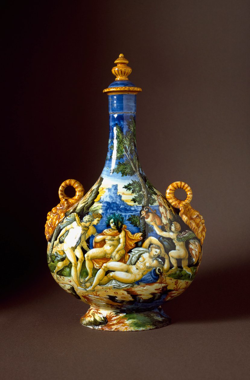 Io et Juno Keramikkkaraffel produsert i Urbino i verkstedet Fontana, Italia. Firenze fra 1500-tallet, Museo Nazionale del Bargello - Io og Juno. Keramikkmugge fra Fontana verksted, Urbino. Det 16. århundre. Nasjonalmuseet i Bargello, Firenze, Italia av Italian School