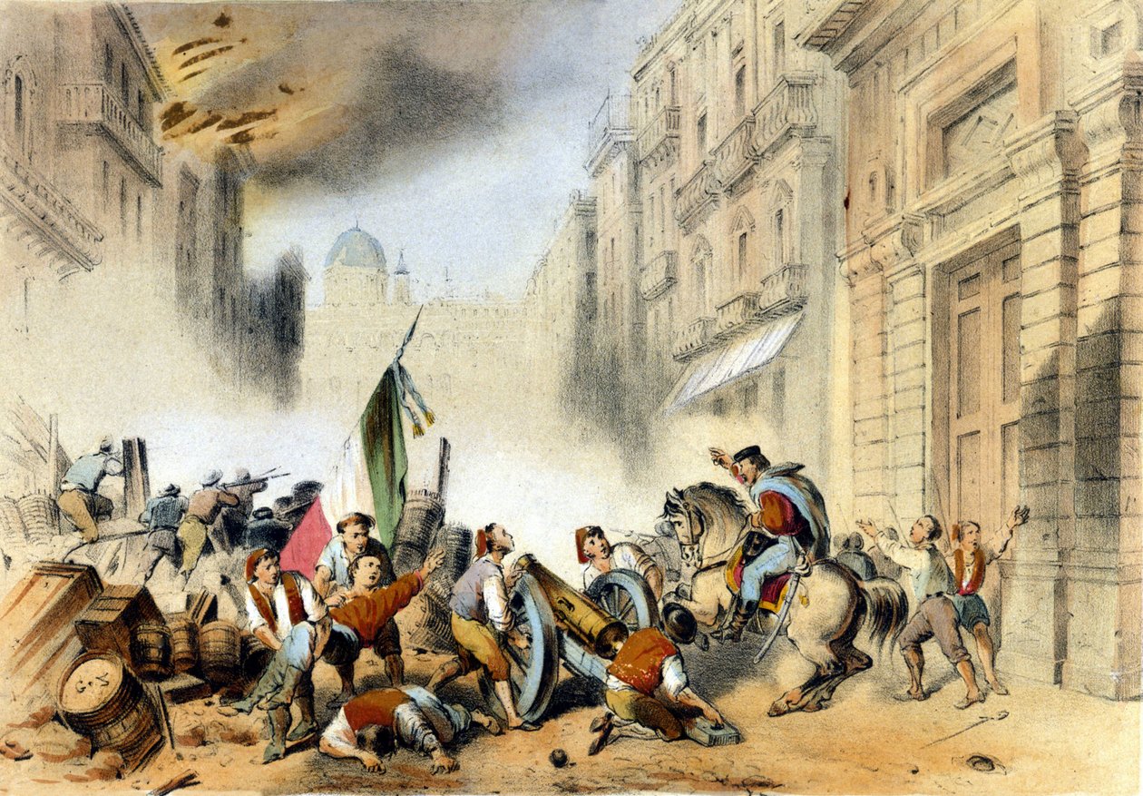 Italian Unite: den 26/05/1860 gikk Giuseppe Garibaldi, i spissen for sine røde skjorter, The Thousand, inn i Palermo på Sicilia og slo et avgjørende slag mot kongeriket til Bourbonene i Napoli. Gravering fra 1800-tallet av Italian School