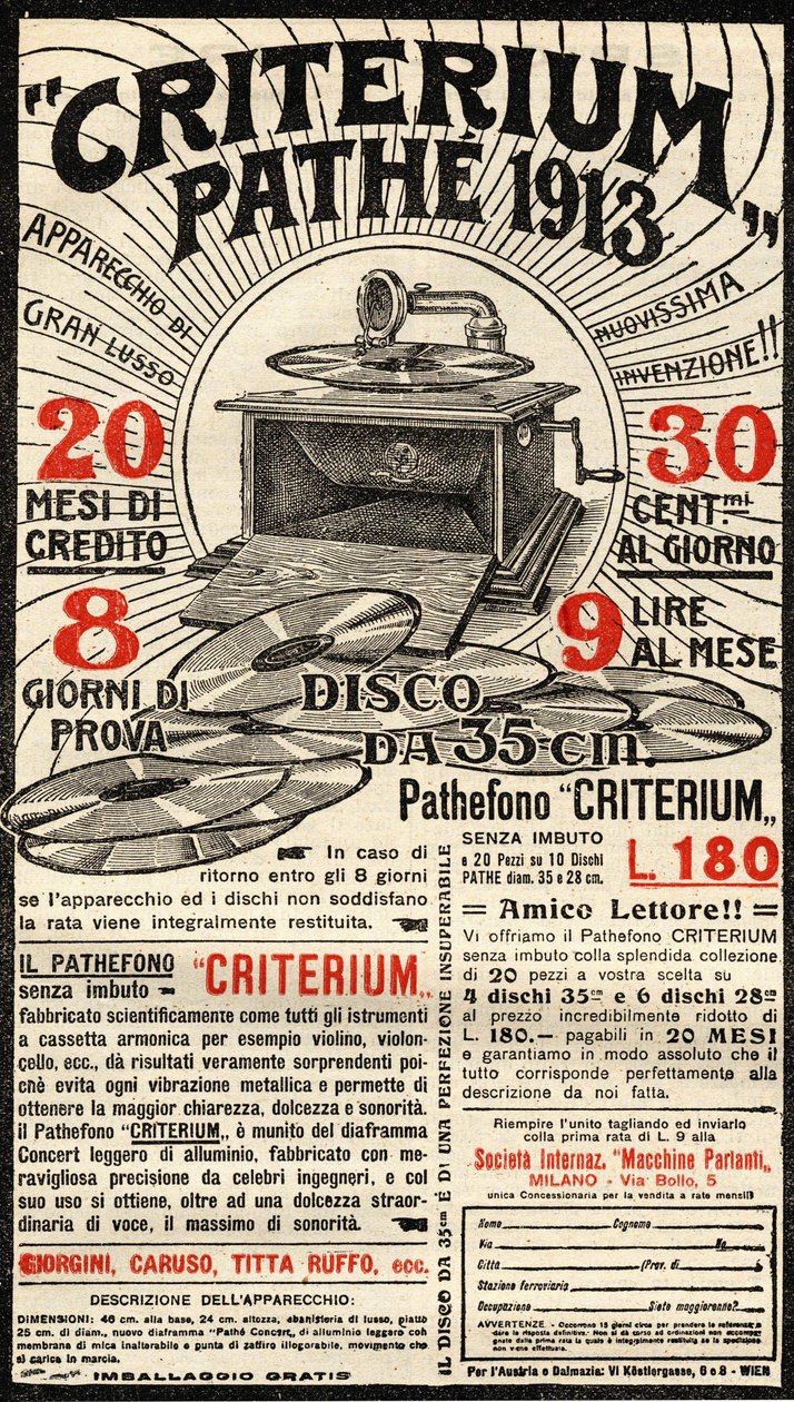 Italiensk reklame for Criterium-grammofonen fra merket Pathé. av Italian School