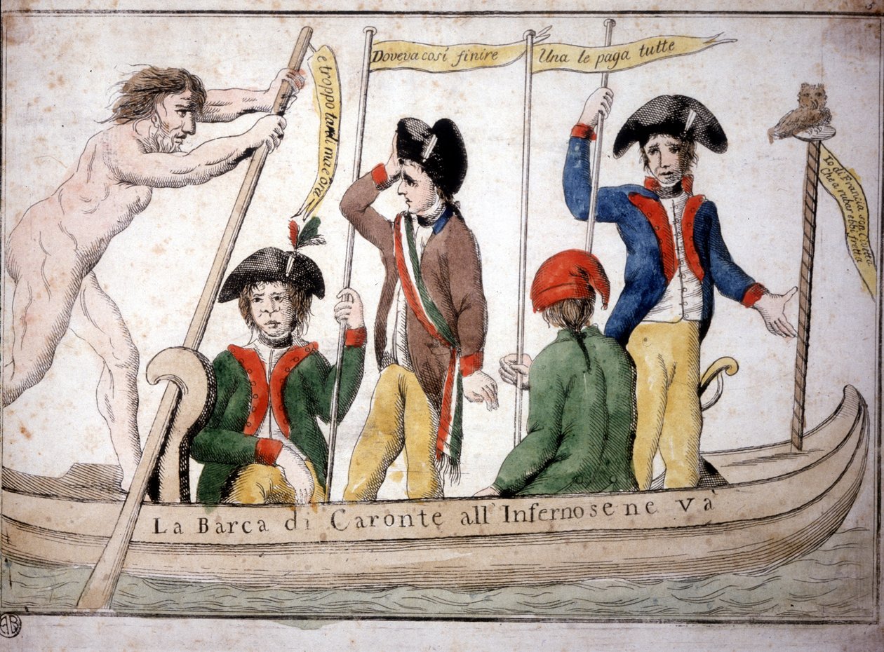 Italiensk tegneserie om Napoleon Caron som tar Napoleon til helvete i båten sin. av Italian School