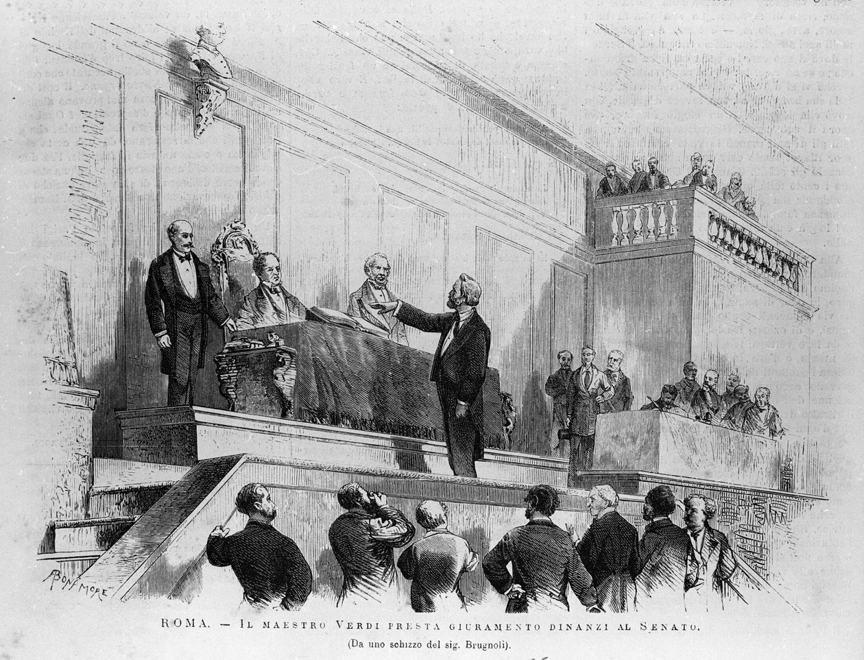 Den italienske komponisten Giuseppe Verdi (1813-1901) utnevnt til senator til senatet i 1874, Roma. Gravering fra 1875. av Italian School