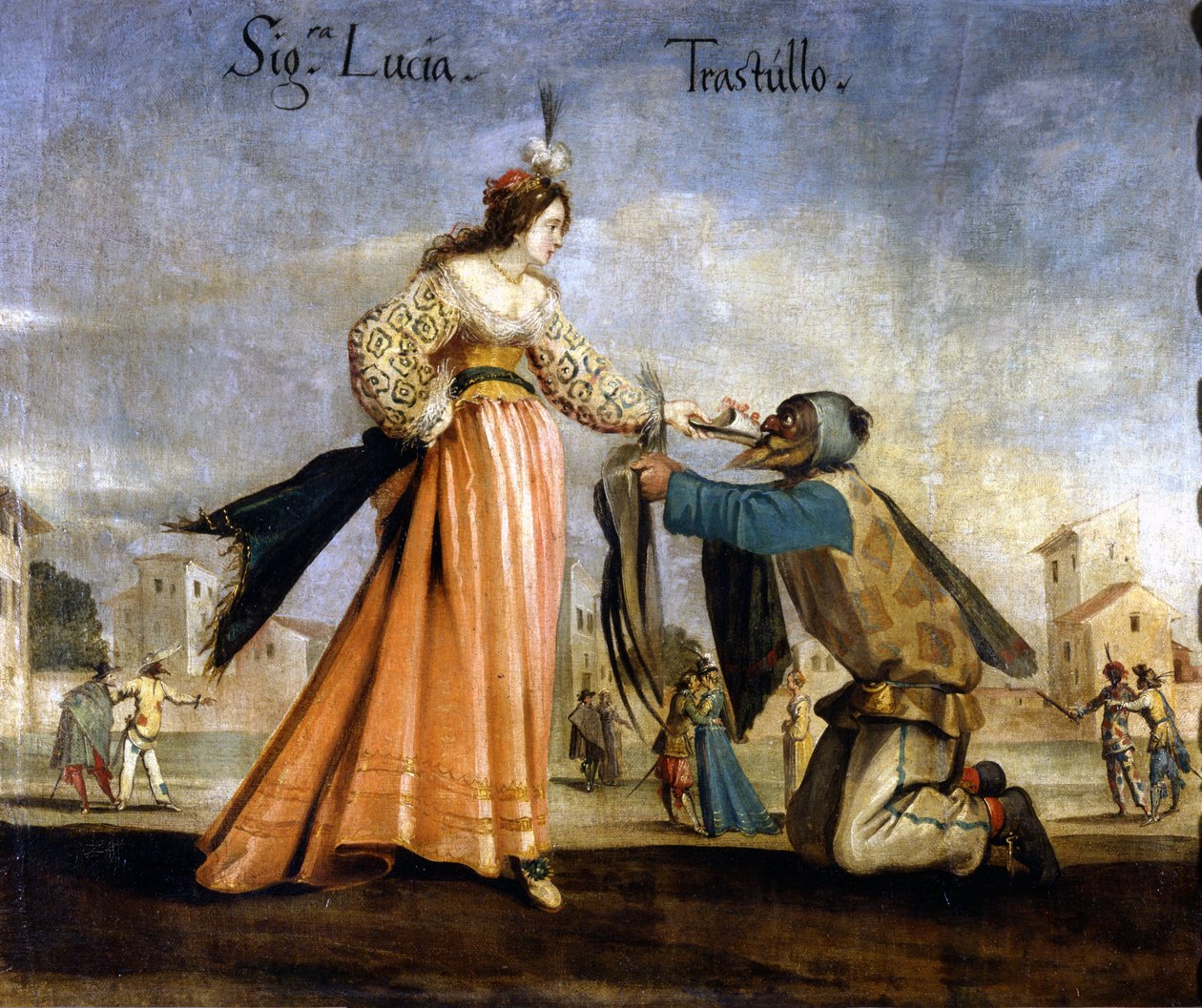 Italienske masker. Maleri av Bologna-skolen på 1600-tallet: Madame Lucia og Trastullo. Museo Scala Milan av Italian School