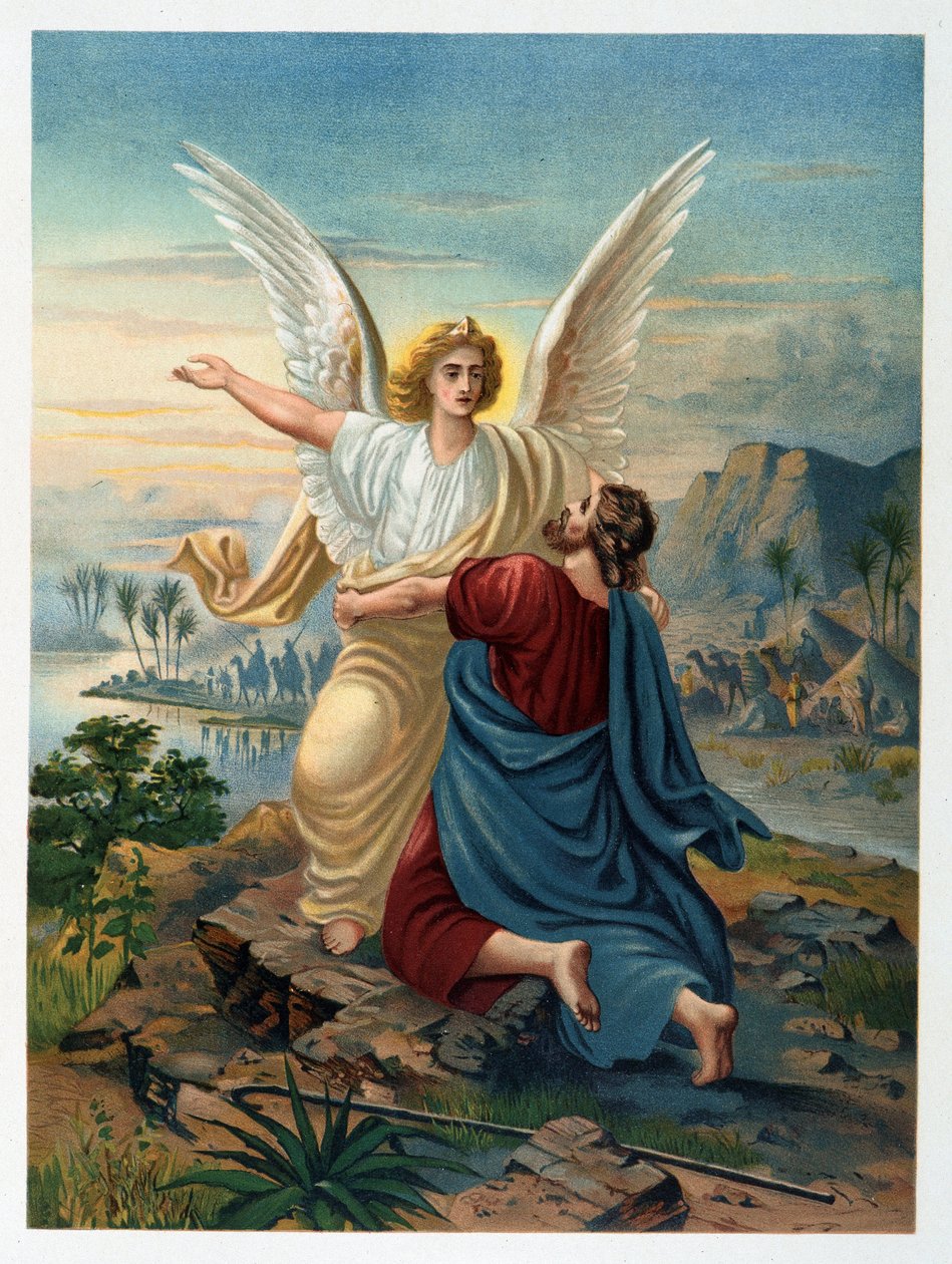 Jakobs kamp med engelen i «Golden classic Bible: history of divine openbaring in the old and new striving» «av Giovanni Ladislao Sykora (bd. 1), oversatt av Don Clemente Benetti. (italiensk bibel) av Italian School