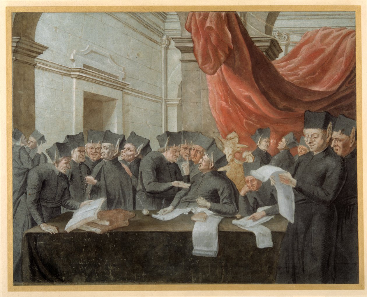 Jesuitter i konklave, krangler om kontoer (penn og blekk med akvarell på papir) av Italian School