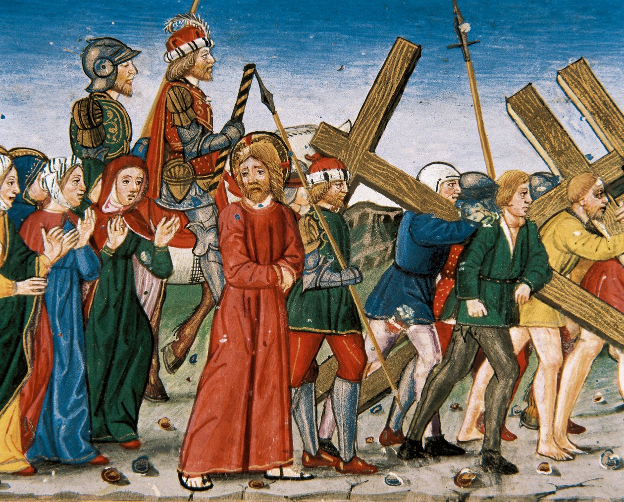 Jesus leder til Golgata og de hellige kvinner på veien. Manuskript av Cristobal de Predis (1440-1486) av Italian School