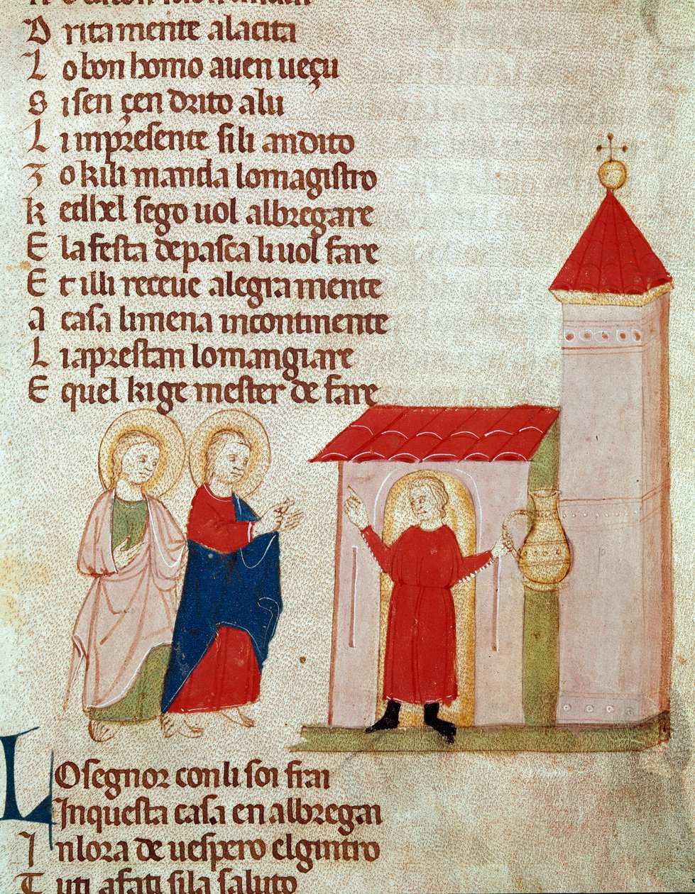 Josef og Maria søker asyl Miniatyr fra "" Det nye og gamle testamente"" av Pietro da Barsegape (1200-tallet) 1300-tallet Milano, Braidense bibliotek av Italian School