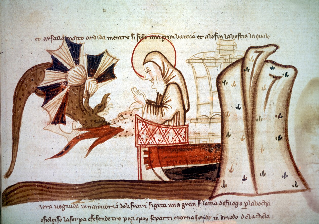 Journey of Saint Brandan - Møte med Saint Brendan (Brandan), munkenavigatør på 600-tallet med et flygende marinemonster. manuskript Venezia, 2. halvdel av 1300-tallet Paris, BNF, Manuskripter, italiensk 1708, f. 16 av Italian School