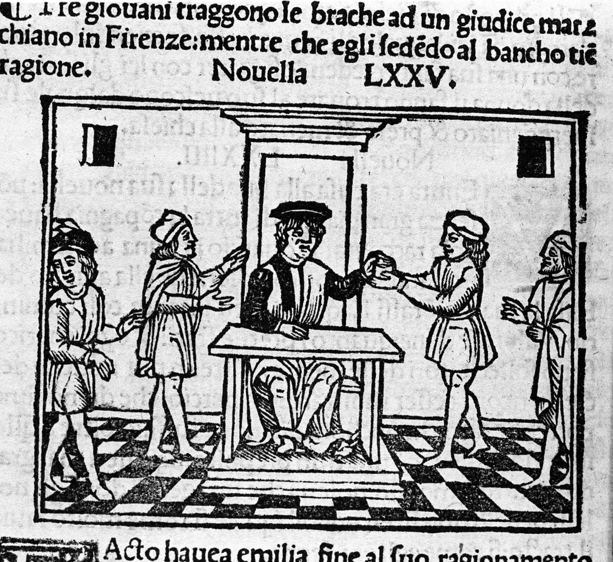 Domsscene i Firenze. Illustrasjon for nyheter 75 (Ny 5 av den åttende dagen) av "Decameron"" av Giovanni Boccaccio dit Jean Boccaccio (1313-1375), italiensk forfatter. Gravering i "" Decamerone ouer Cento nouelle"" Venezia, Bartolomeo de 