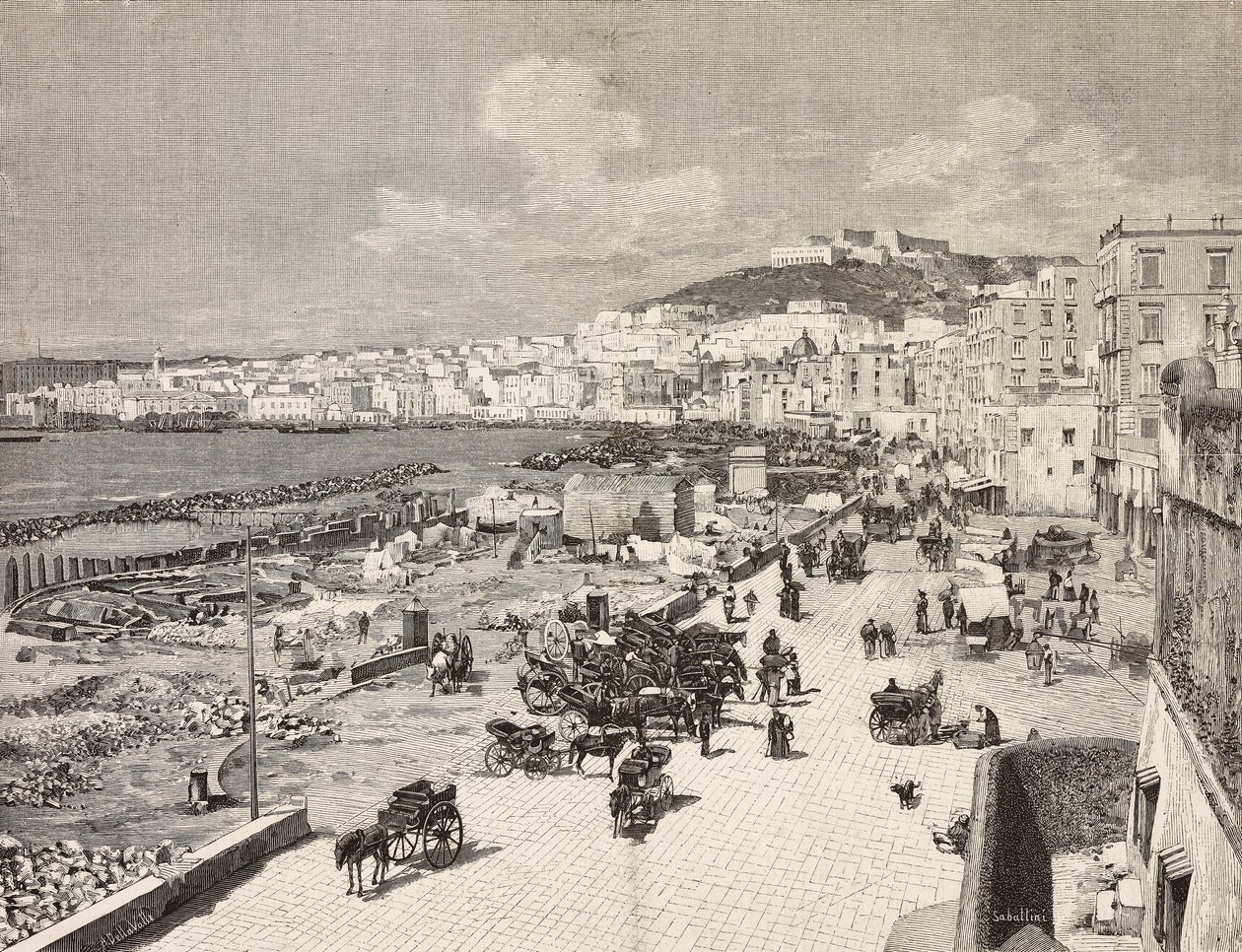 La Marinella, Napoli, Italia, gravering av Sabattini fra tegning av A Della Valle, fra L'Illustration Italiana, nr. 7, 17. februar av Italian School