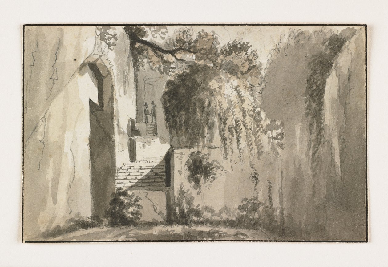 Landskap med ruiner, tidlig på 1800-tallet (penn og brunt blekk over kritt) av Italian School