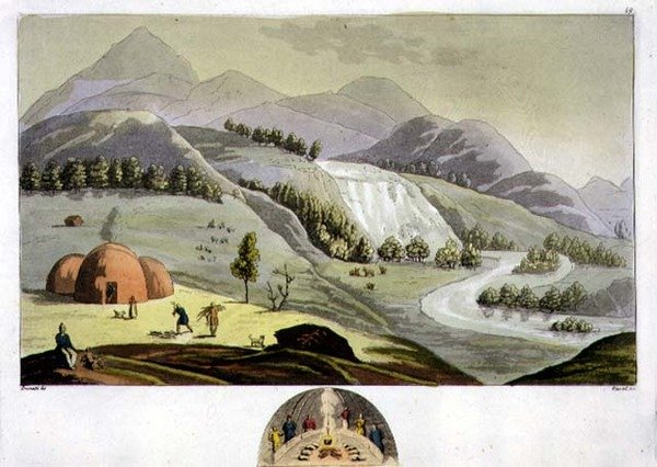 Lapplandskap med en fiskerbolig og et tverrsnitt av den hytta, plate 49 fra 