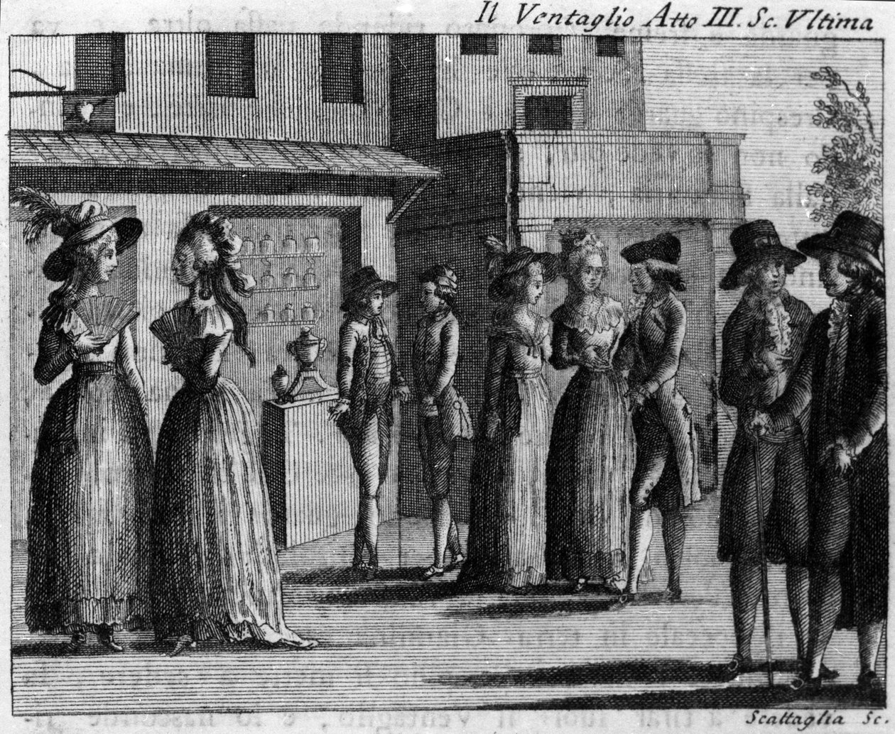 Siste scene i akt III av tegneserien "" Il ventaglio"" (The eventel) (1764) av Carlo Goldoni (1707-1793). Gravering fra 1700-tallet av Italian School